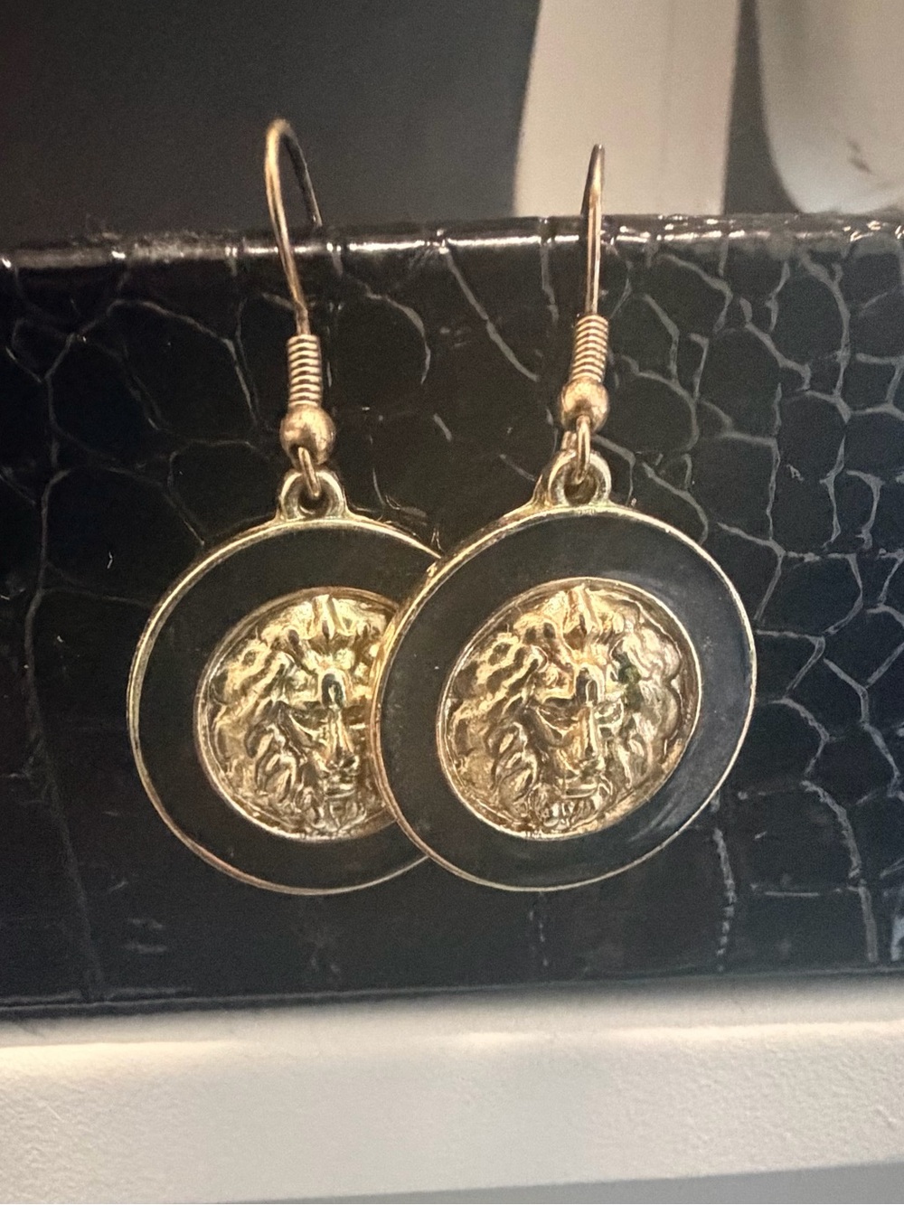Gold and Black Lion Head Medallion Drop Earrings